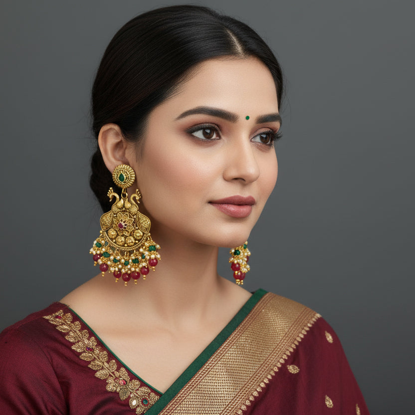 Pair of gold earrings with red and green gemstones on a black background