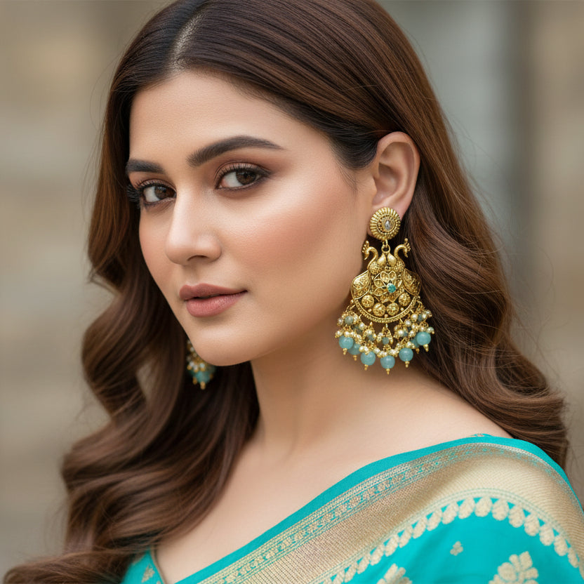 Gold and turquoise earrings on a black background