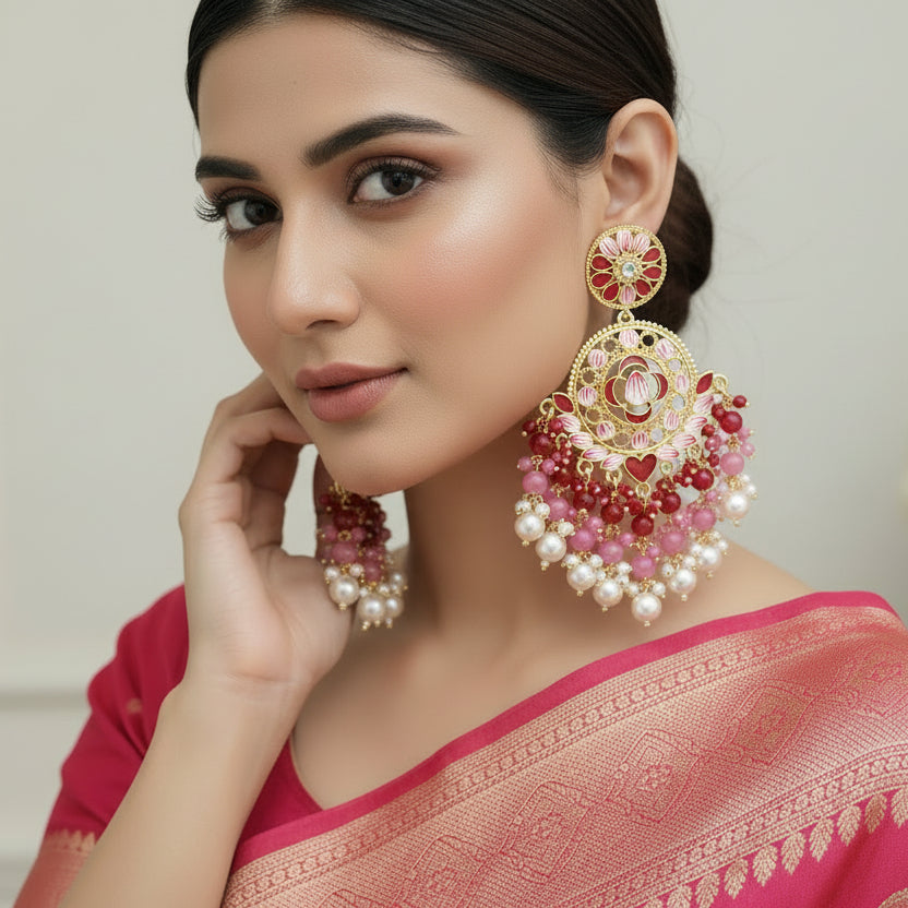 Ornate earrings with pink and white beads on a black background