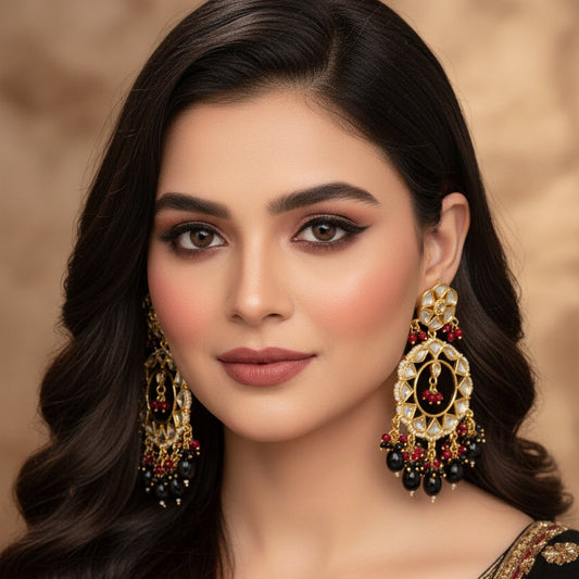 Pair of ornate earrings with black, red, and gold details on a dark background