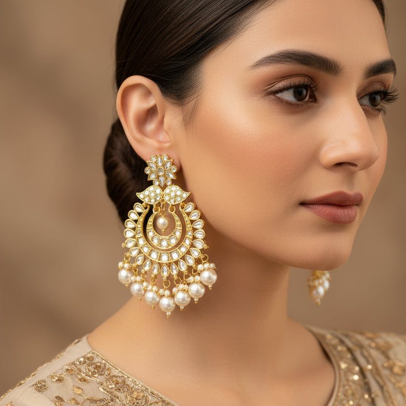 Pair of gold and pearl earrings on a dark background