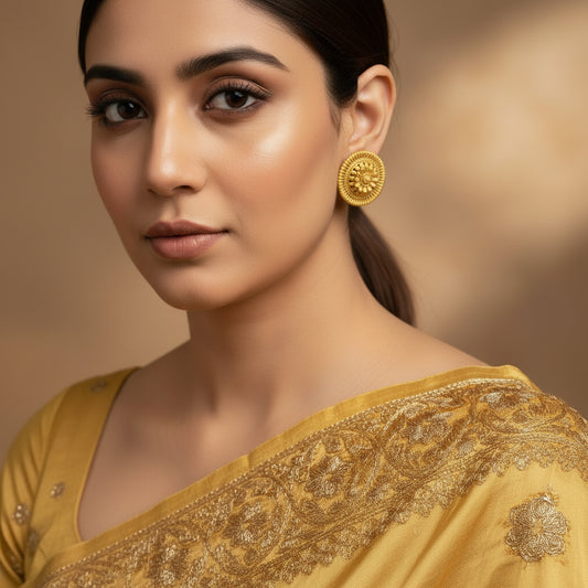 Pair of gold circular earrings on a dark background