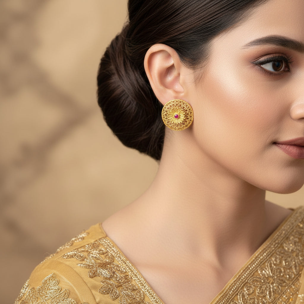 Pair of gold earrings with red gemstones on a dark surface