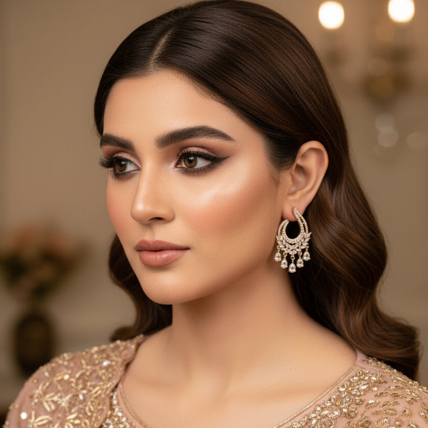 Pair of gold and diamond earrings on a black background