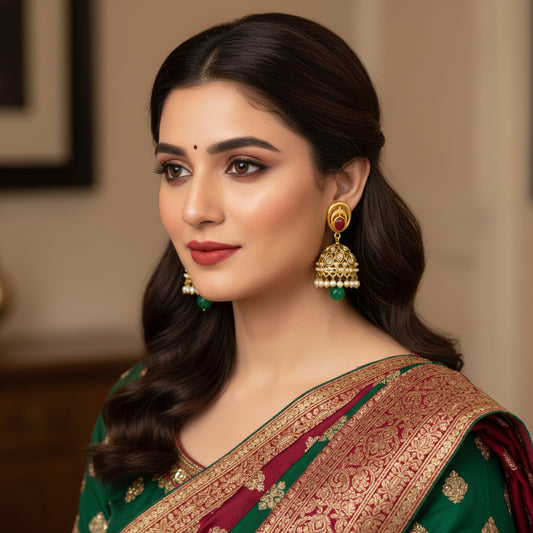 Gold earrings with red and green stones on a dark background, branded 'SAHELL'.