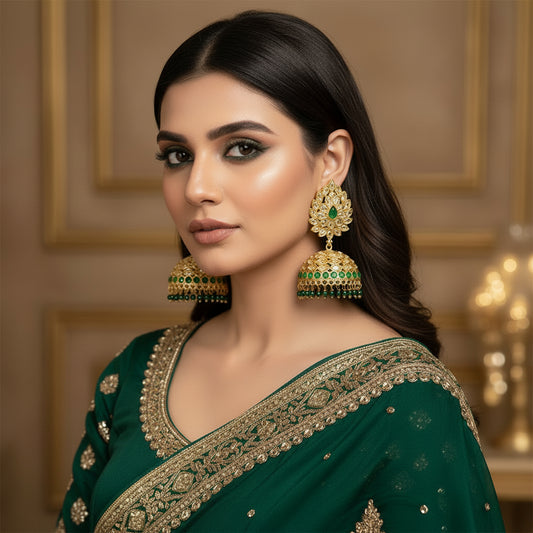Gold and green earrings on a gray stand with a light blue background