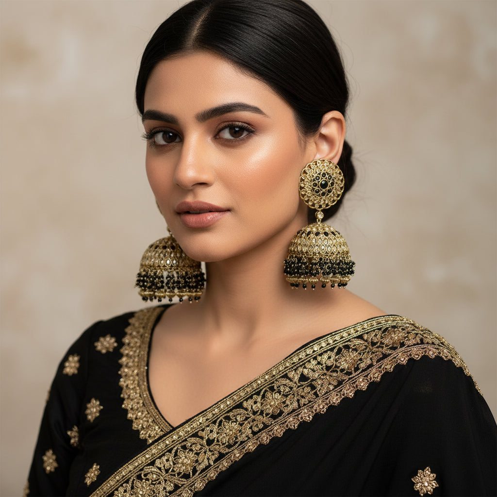 Gold and black earrings on a gray background with HP logo.