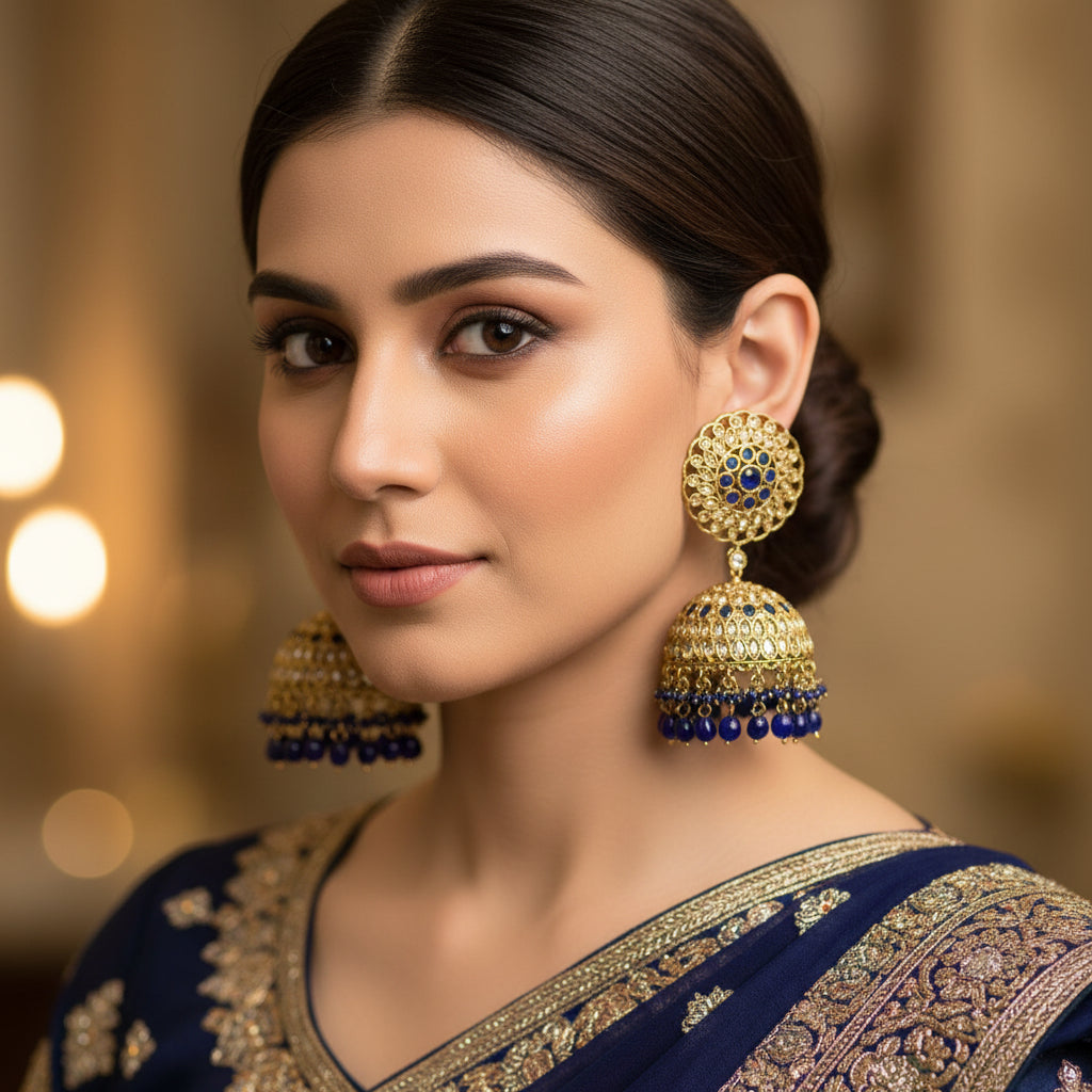 Gold and blue earrings on a gray background with HP logo.