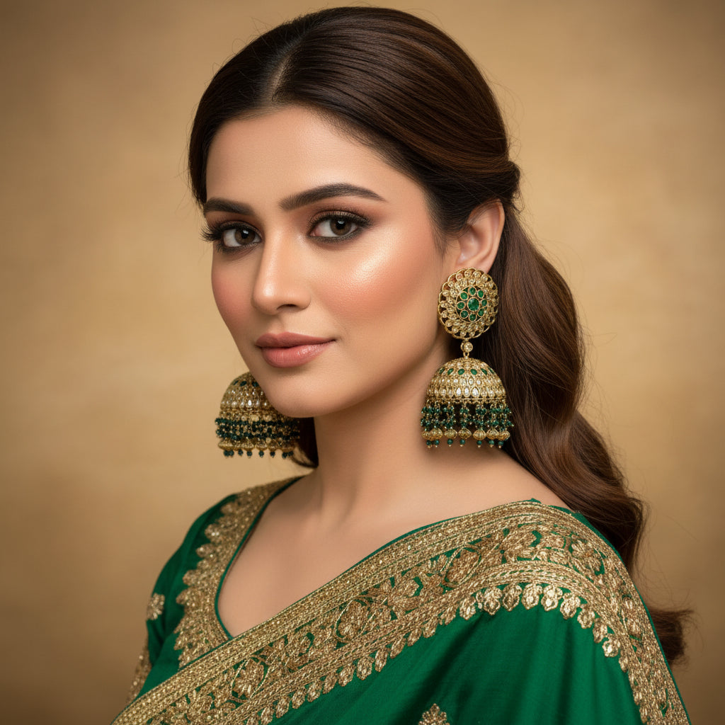 Gold and green earrings on a gray surface with HP logo.