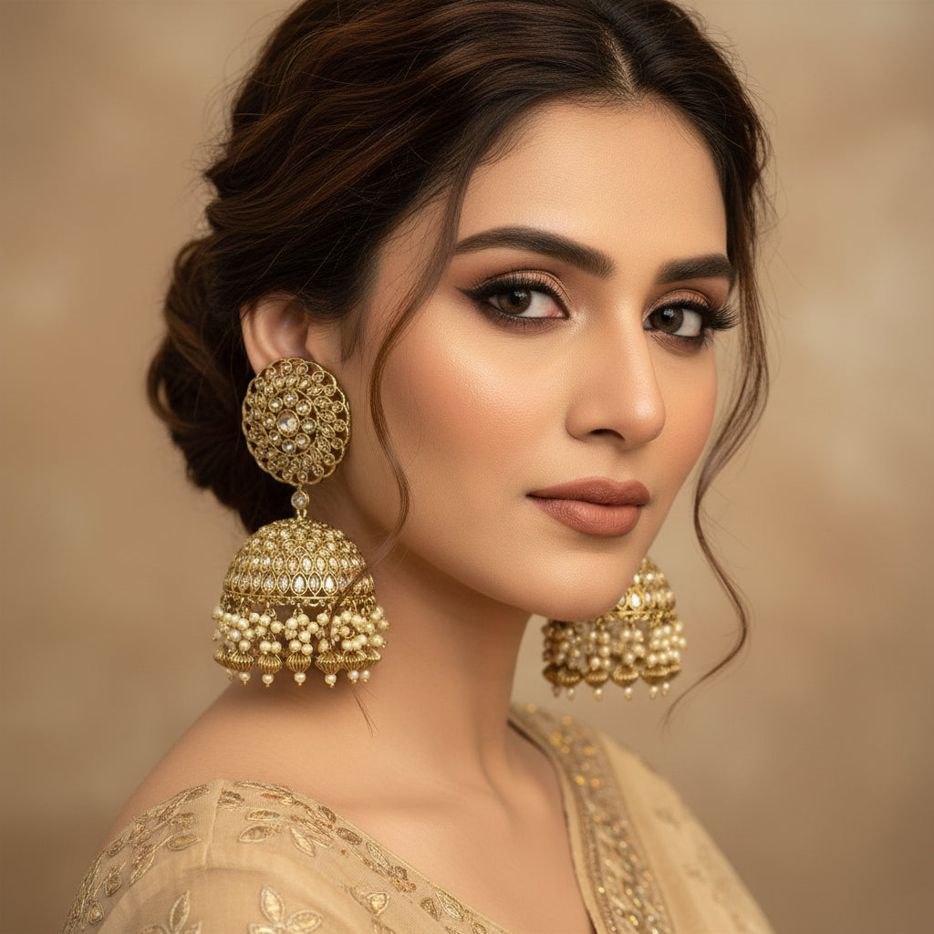 Gold and pearl earrings on a gray background with HP logo.