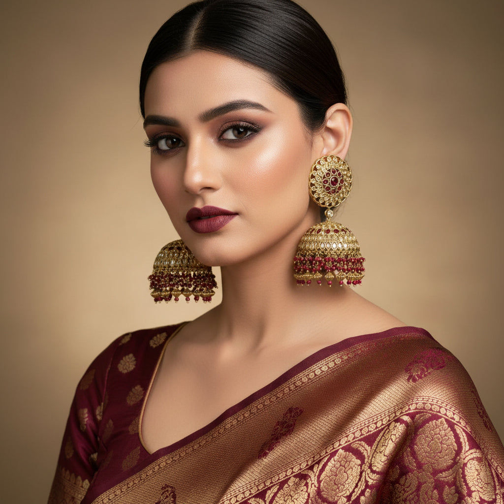 Gold and red earrings on a gray background with HP logo.