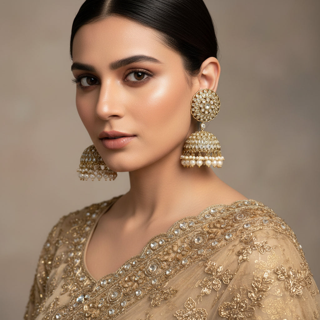 Gold and pearl earrings on a dark background with HP logo.