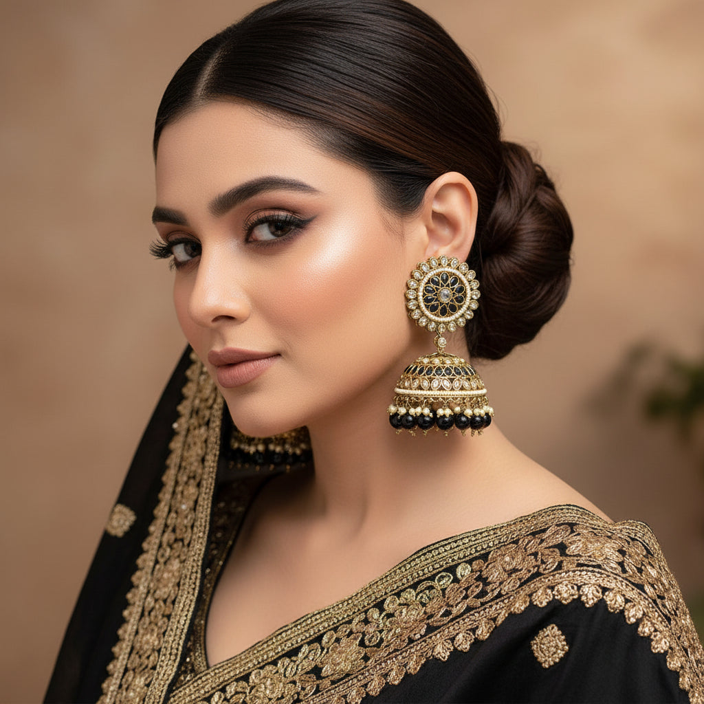 Pair of ornate earrings with gold, black, and pearl details on a dark background.