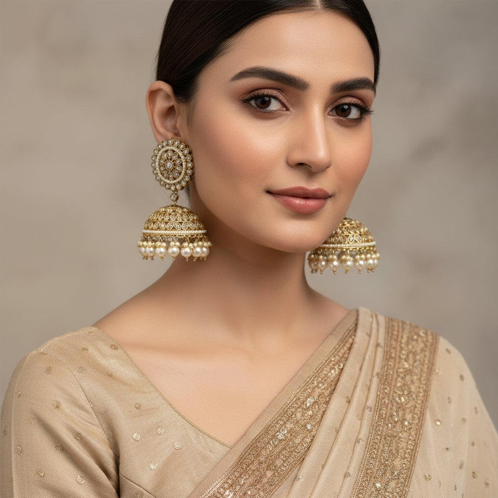 Ornate earrings with pearls on a dark background with HP logo.