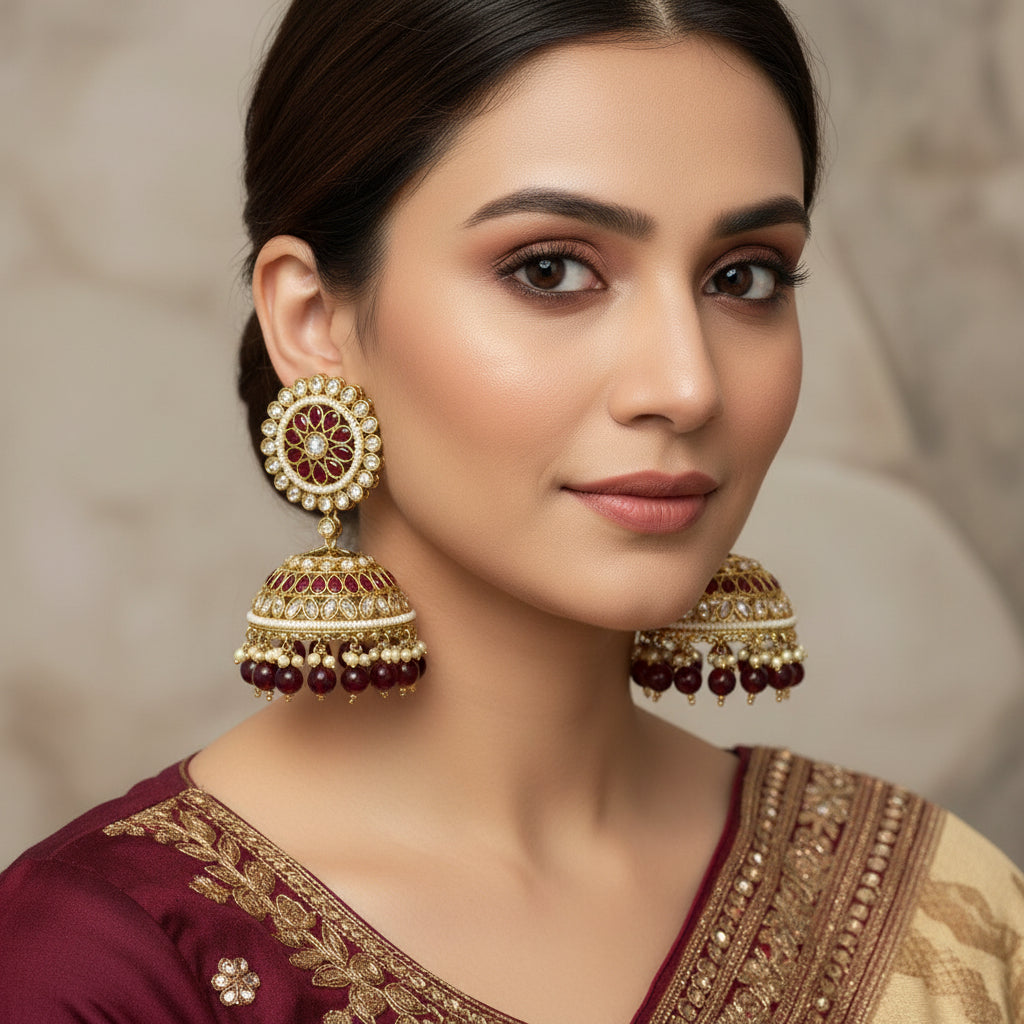 Pair of ornate earrings with red and white stones on a gray background