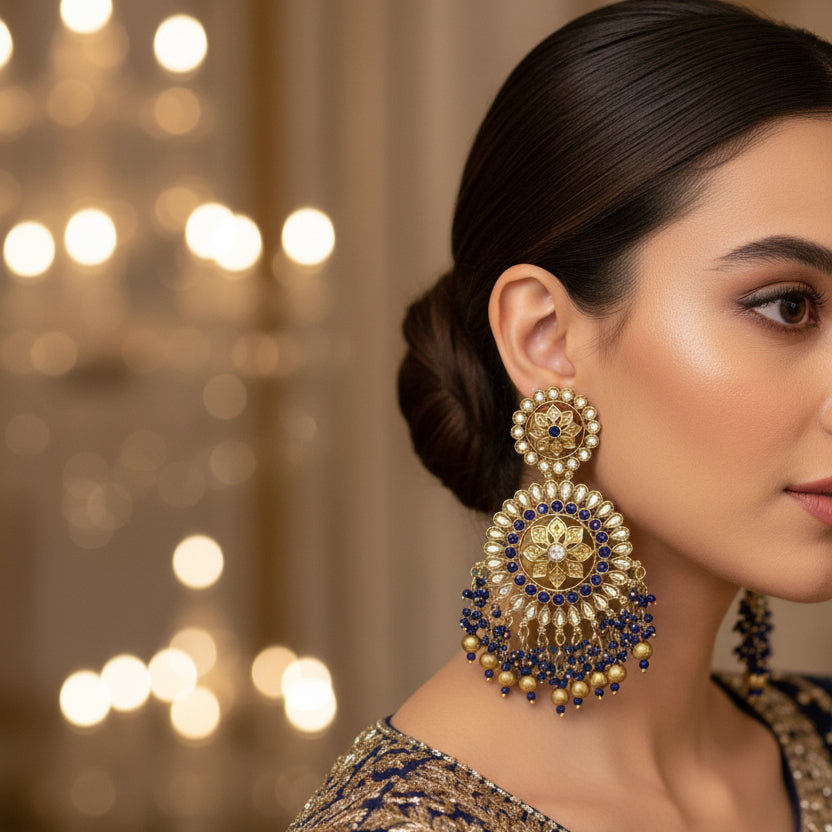 Pair of gold and blue beaded earrings on a black background