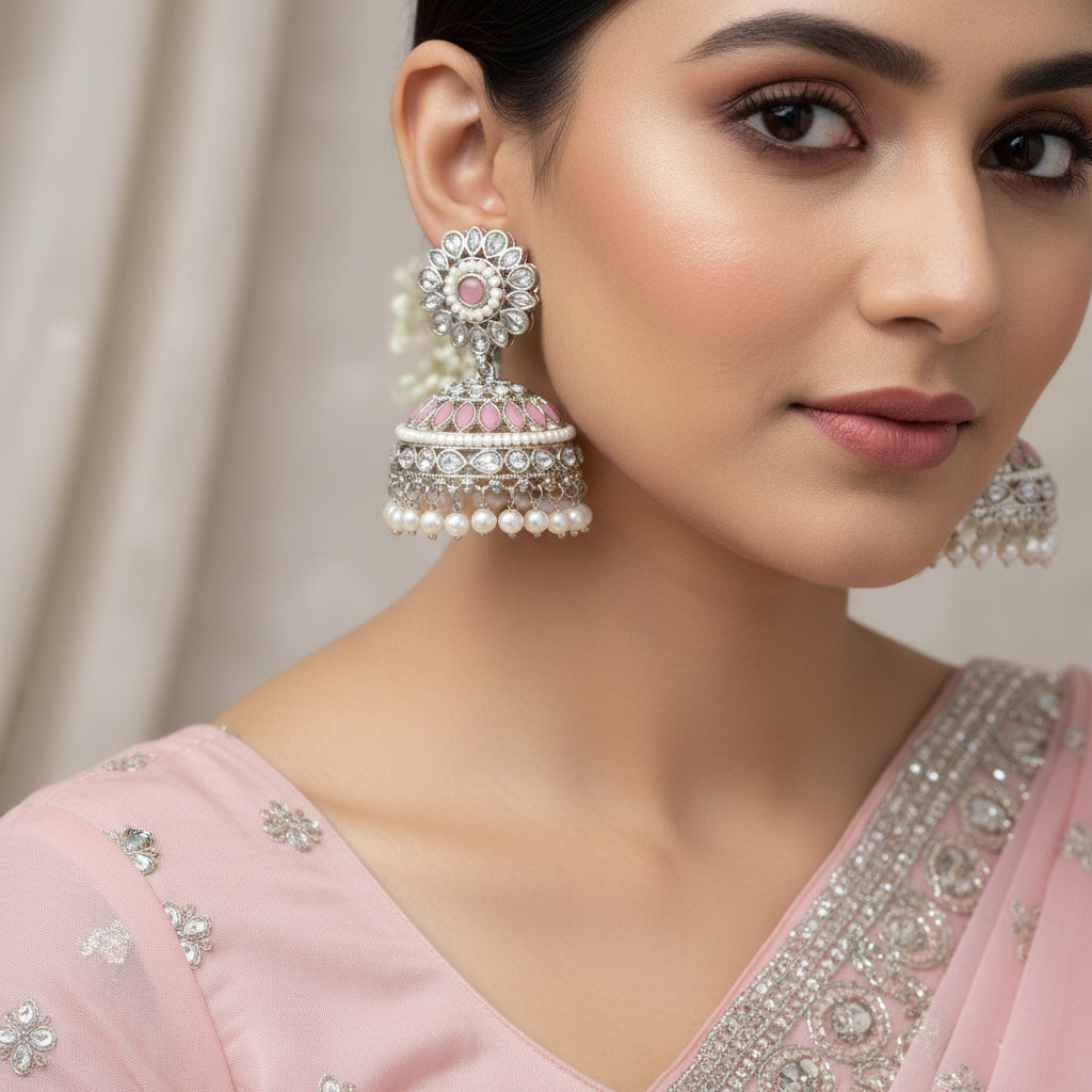 Pair of silver and pink earrings on a black stand with HP logo in the background