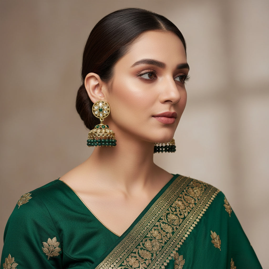 Pair of gold and green earrings on a gray background