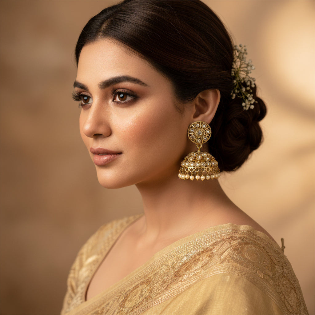 Gold earrings with intricate designs on a black stand against a gray background