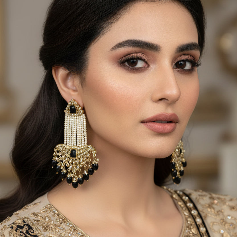 Pair of ornate earrings with black and gold details on a dark background