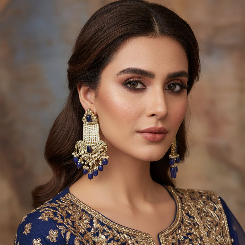 Pair of ornate earrings with blue stones and pearl-like beads on a dark background