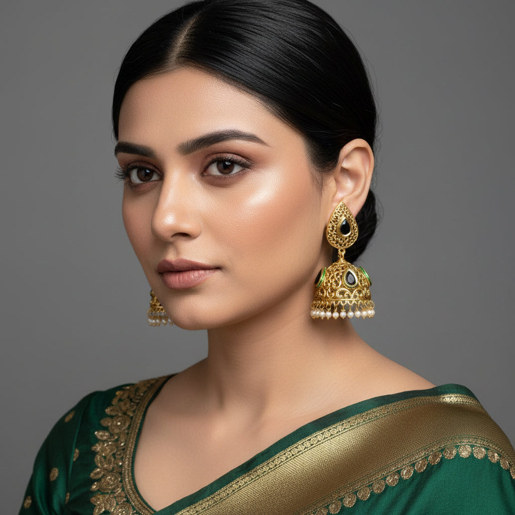Gold earrings with green and black stones on a gray background, featuring the brand 'Saheli'.