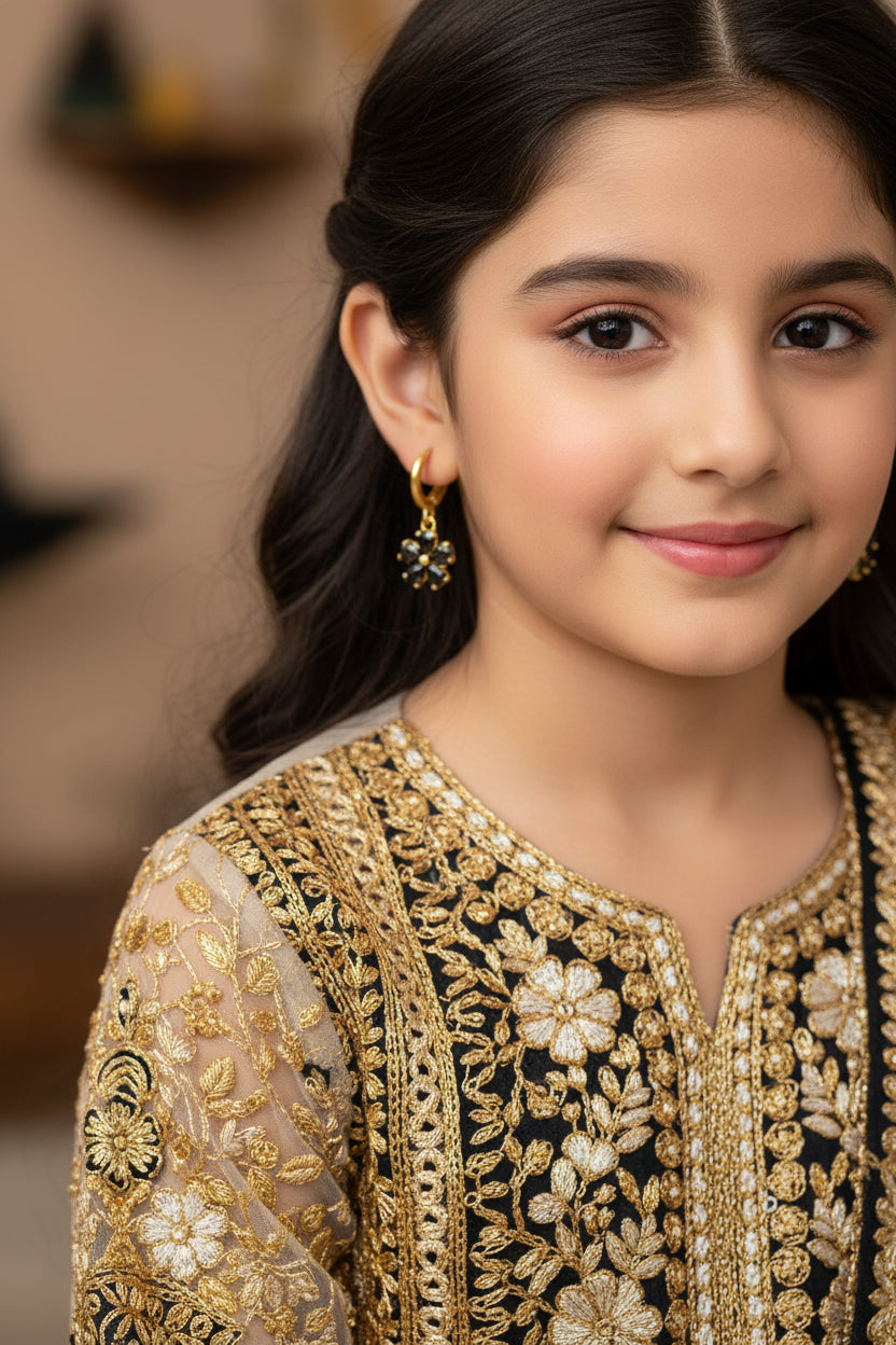 Gold earrings with black stones on a gray background, featuring the brand 'Saheli'.