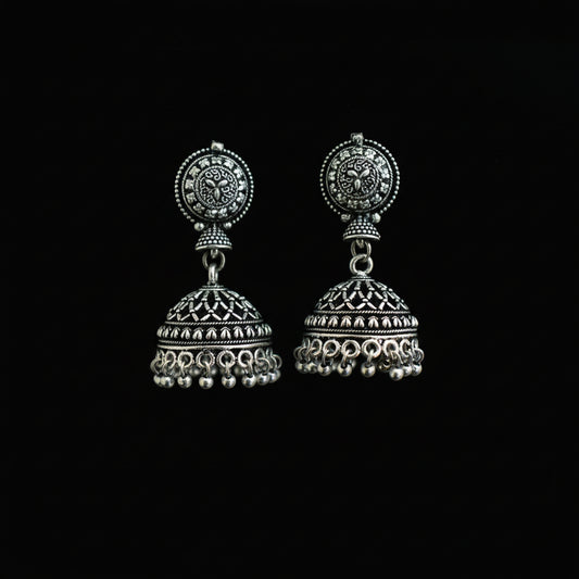 Pair of silver jhumka earrings on a peacock feather