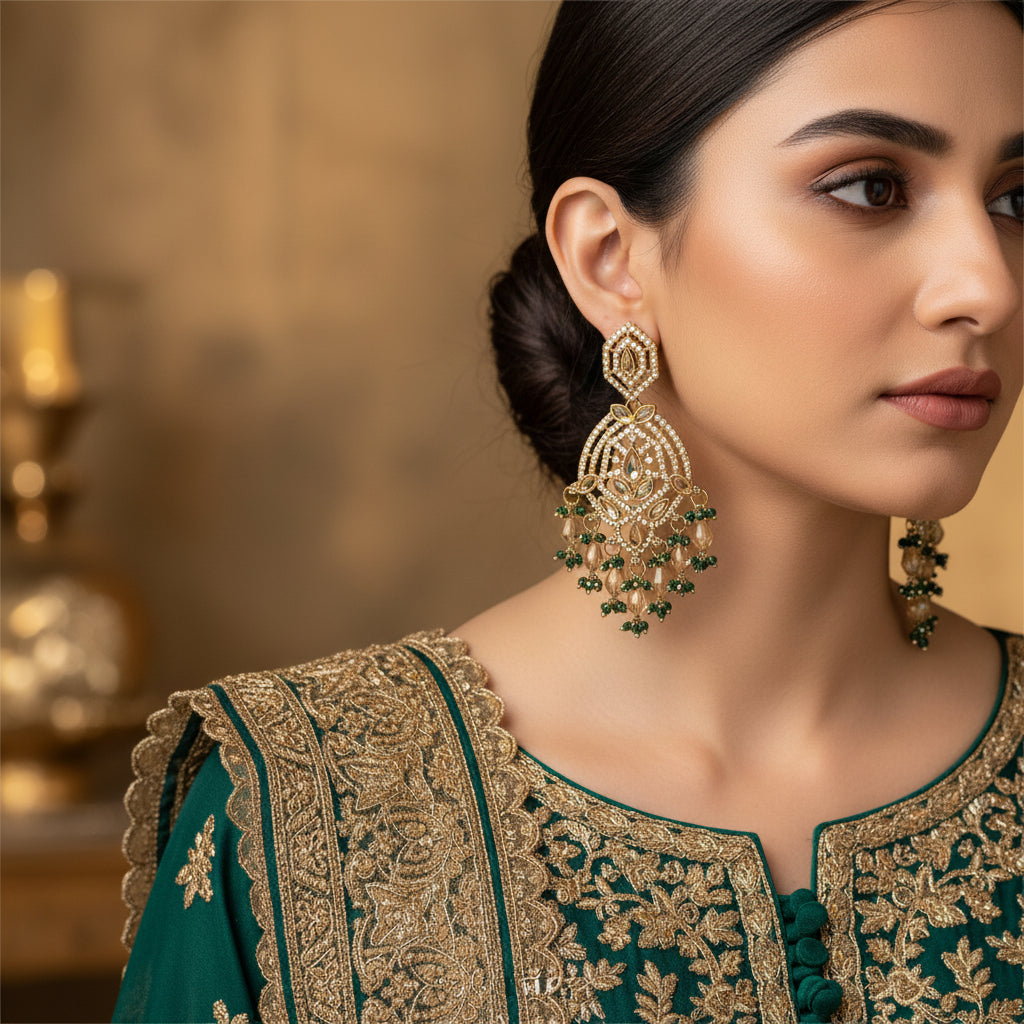 Ornate earrings on a stand with 'Saheli' branding against a dark background