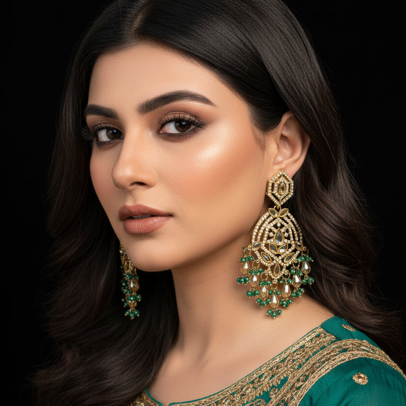 Ornate earrings with green gemstones on a stand, branded 'Saheli'.