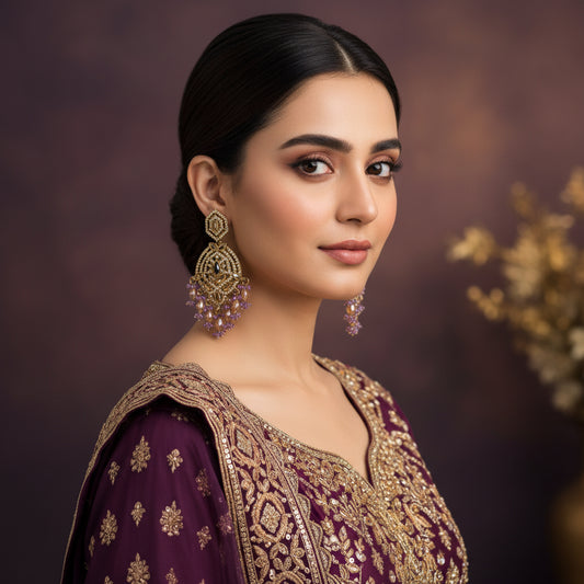 Ornate earrings with purple stones on a stand against a black background, branded 'Saheli'.
