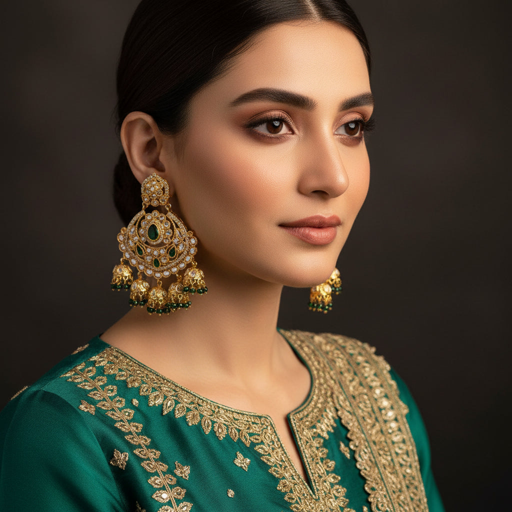 Gold and green gemstone earrings on a black background with 'Saheli' branding.