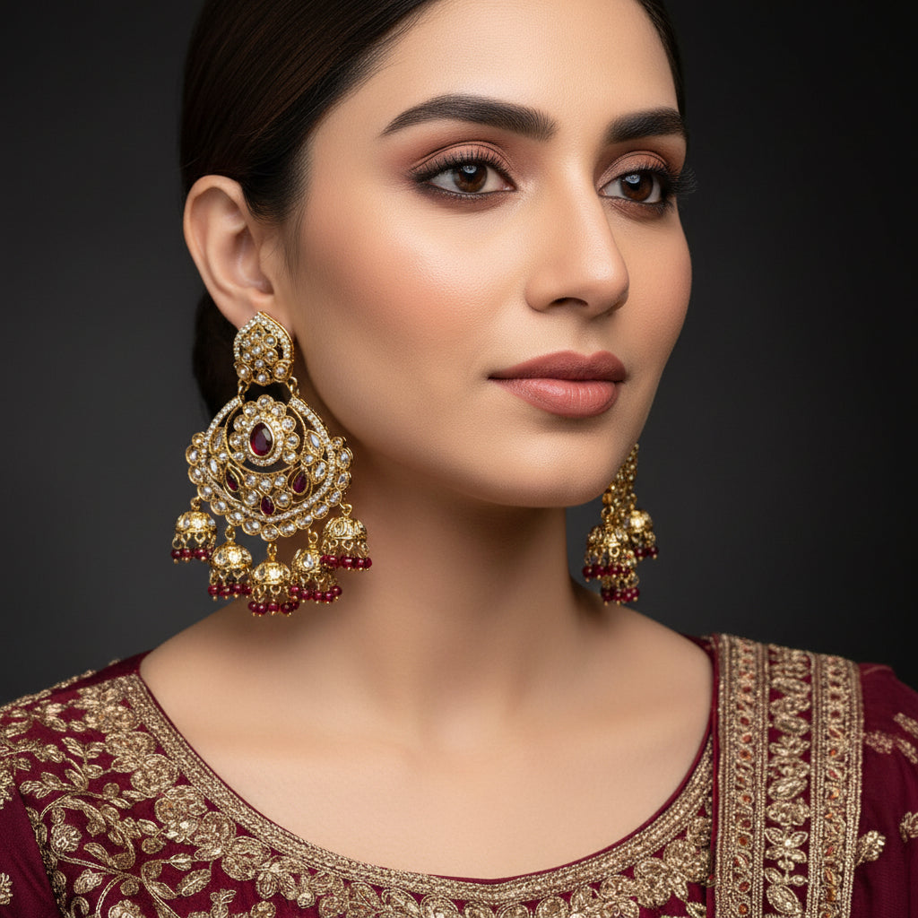 Ornate gold earrings with red stones on a dark background, featuring the brand 'Saheli'.