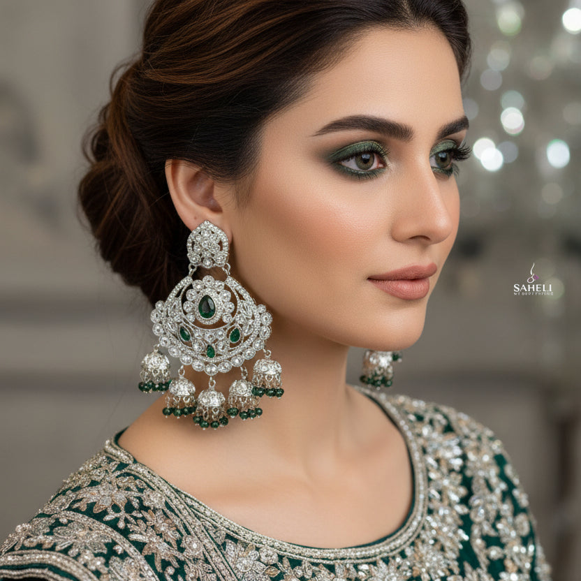Ornate silver earrings with green gemstones on a dark background, featuring the brand 'Saheli'.