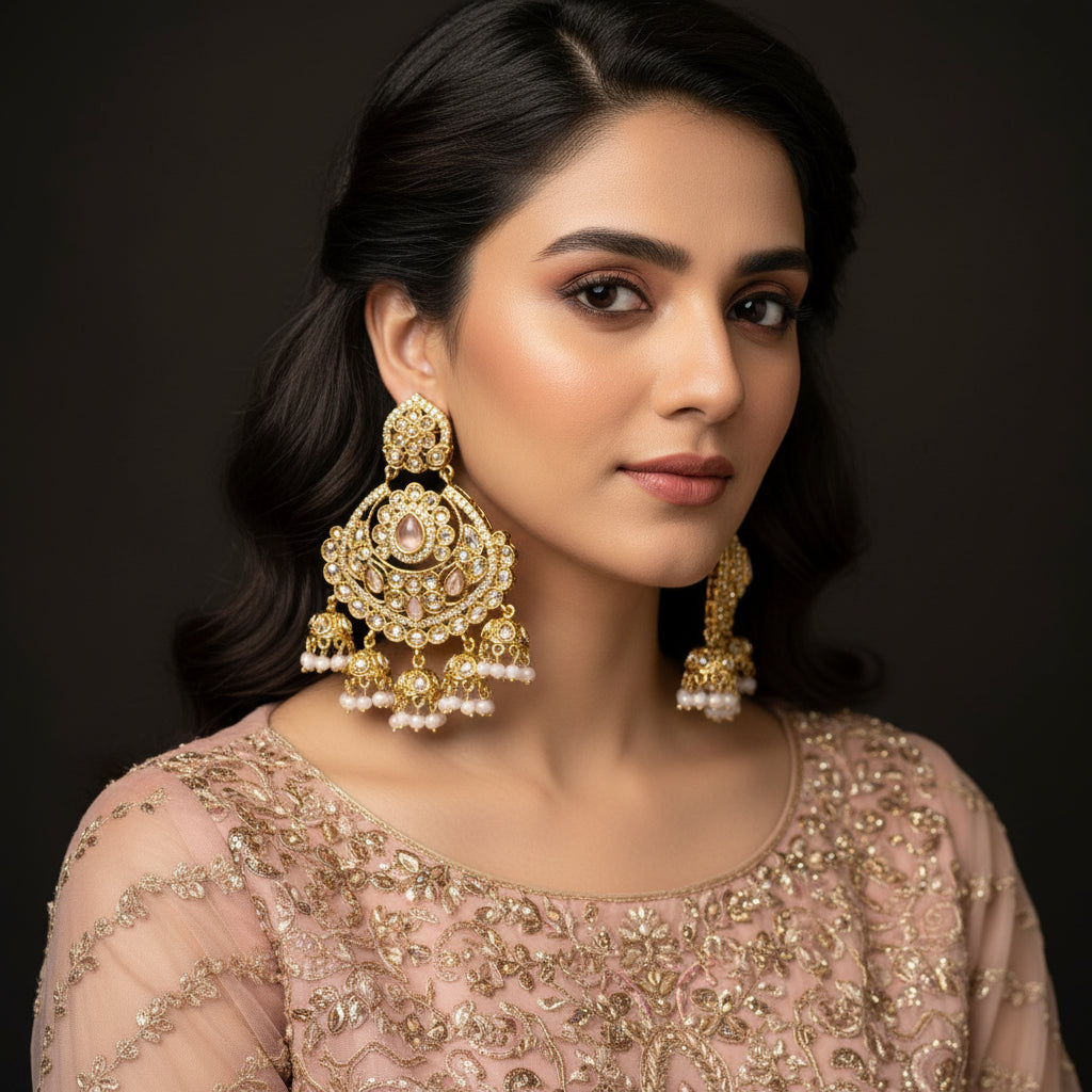 Ornate gold and crystal earrings on a black background with 'Saheli' branding.