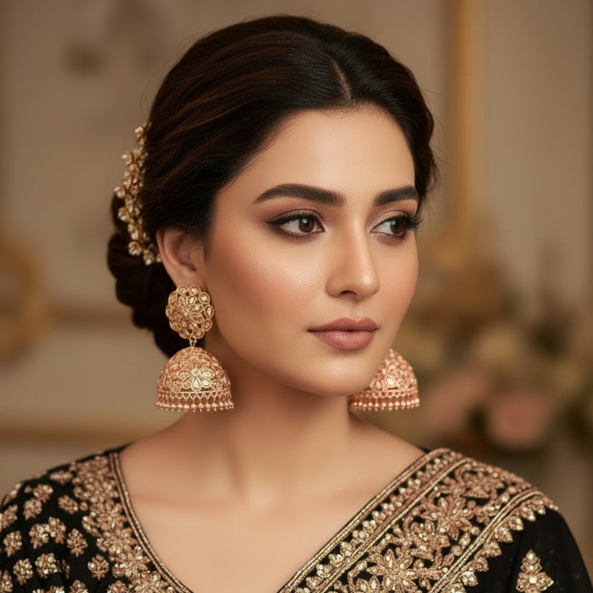 Pair of gold earrings on a gray stand with a neutral background