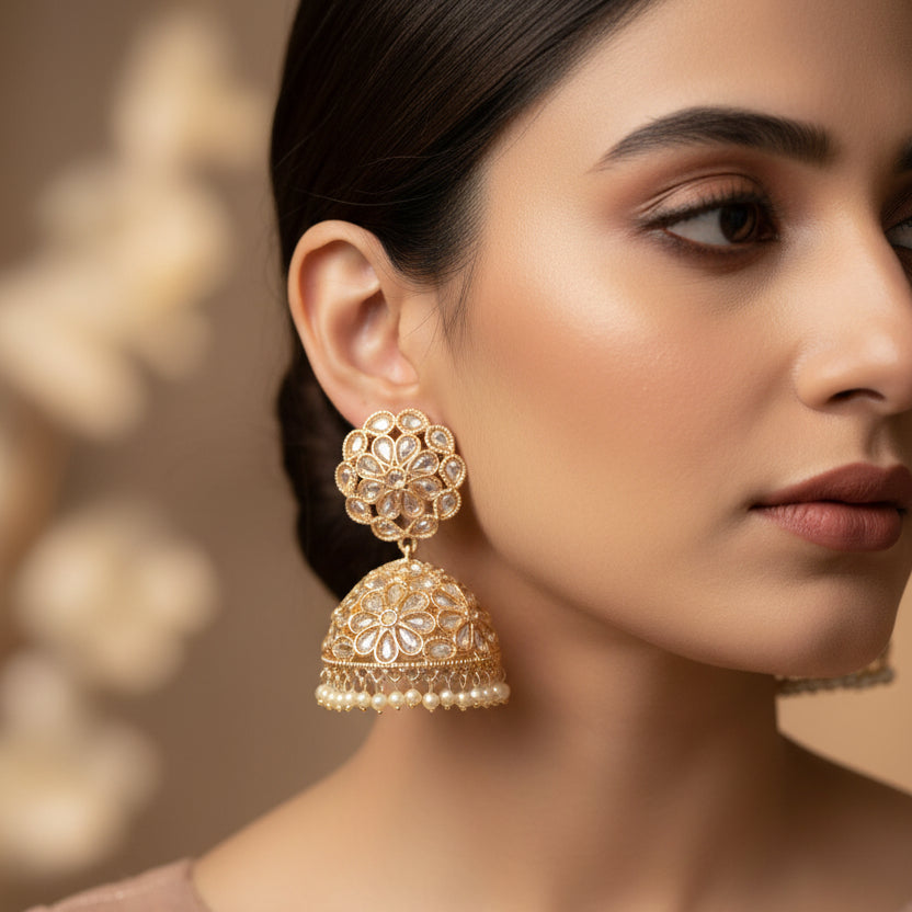 Gold earrings with pearl details on a gray stand, branded 'SAHELI'.