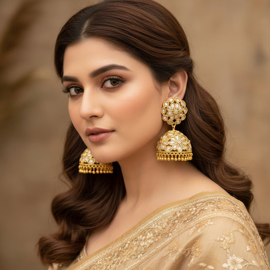 Gold earrings with intricate designs on a gray stand against a light blue background