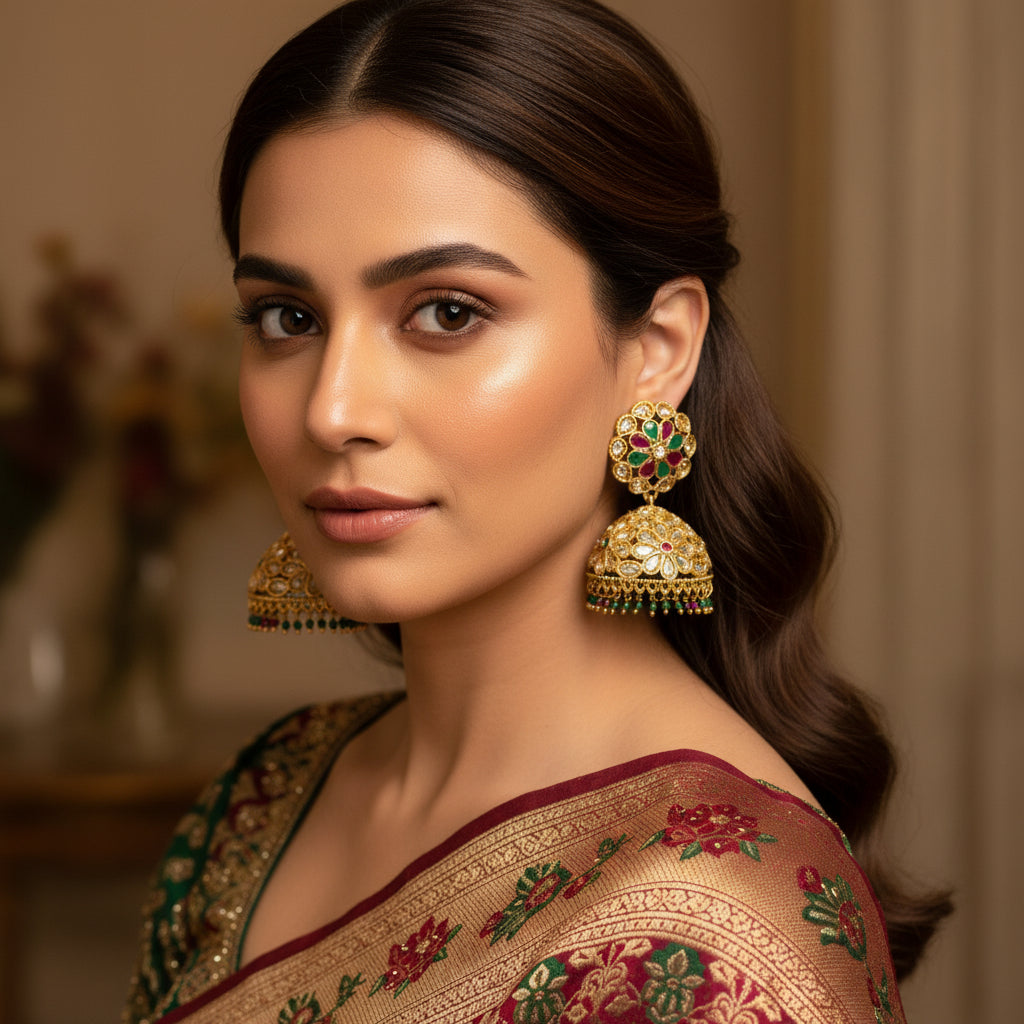 Gold earrings with green and red stones on a gray stand