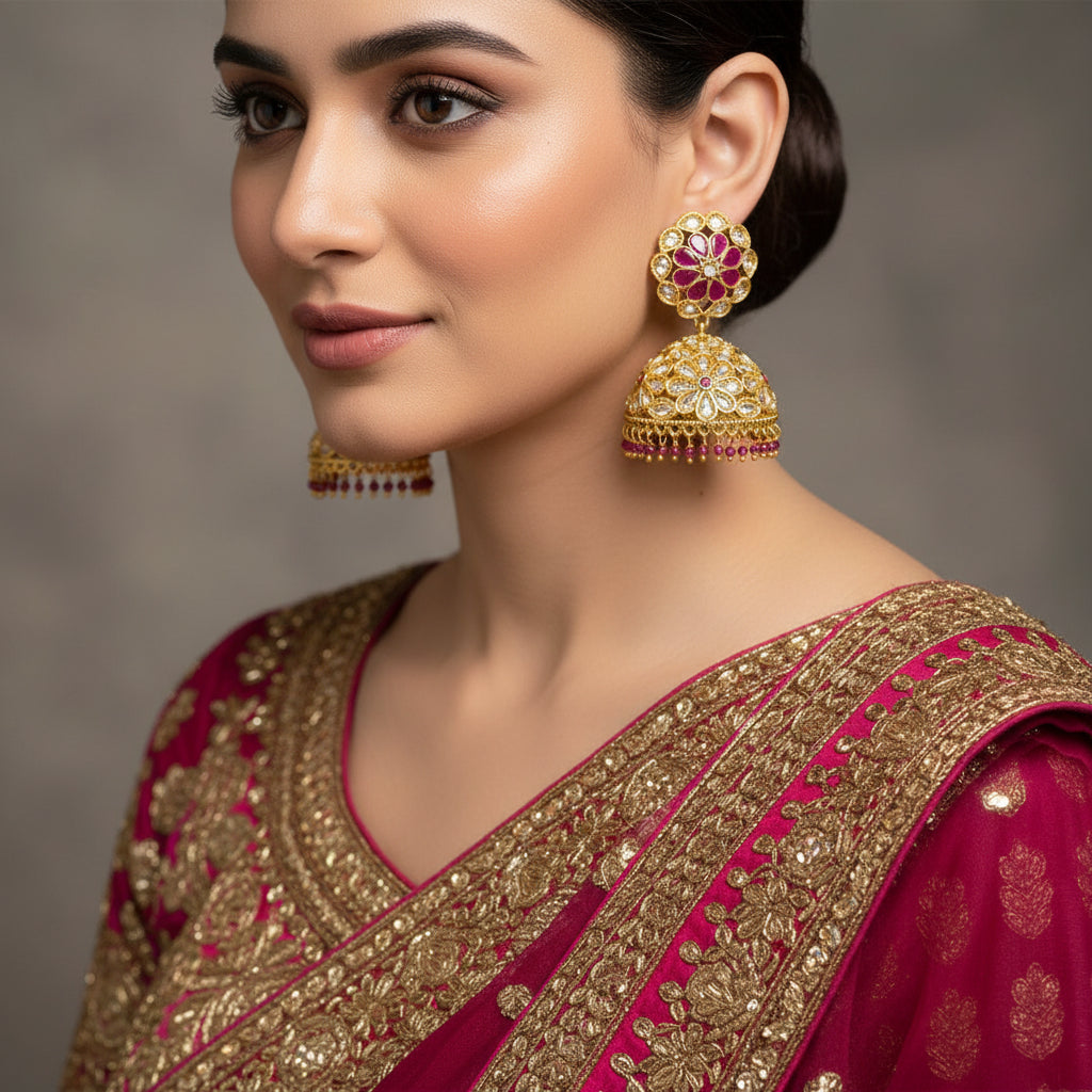 Gold and red earrings on a gray stand with a blurred background