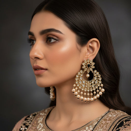 Pair of gold and pearl earrings on a black background