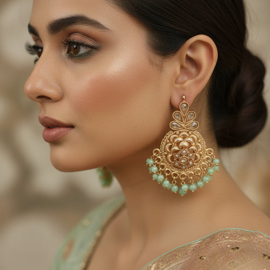 Pair of gold earrings with green gemstones on a black background