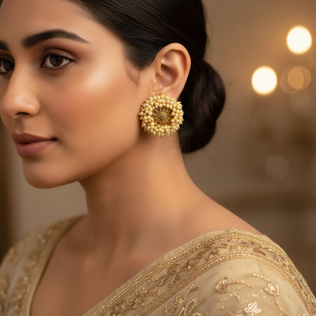 Pair of gold and pearl earrings on a dark background