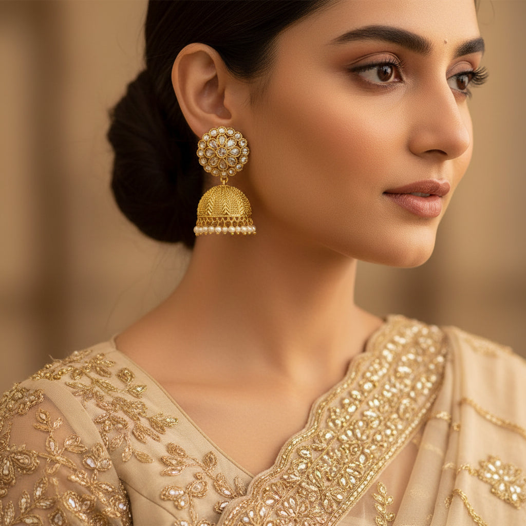 Gold earrings with intricate designs on a gray stand