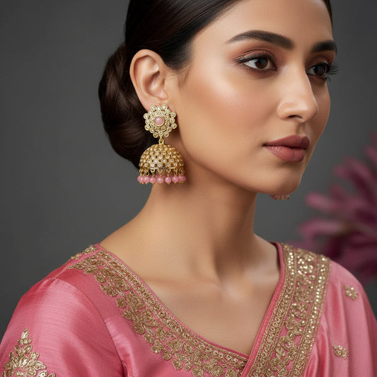Gold earrings with pink beads on a black stand against a dark background