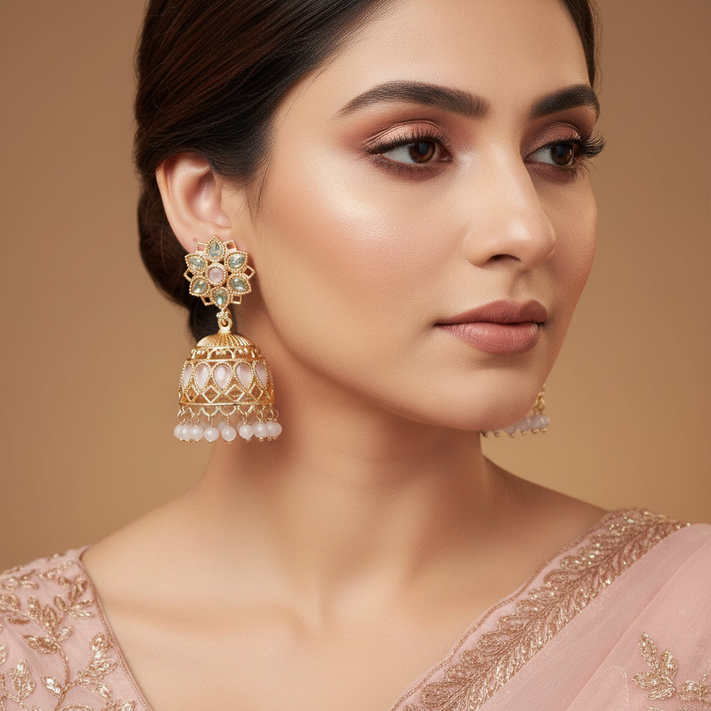 Pair of gold and crystal earrings on a dark background