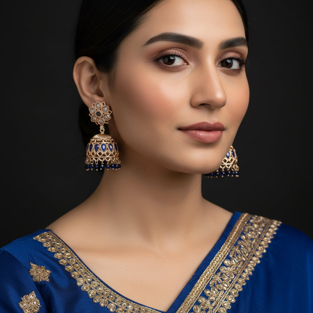 Pair of gold and blue earrings on a gray stand against a black background