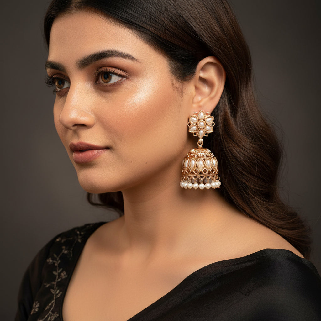 Pair of gold and pearl earrings on a black background
