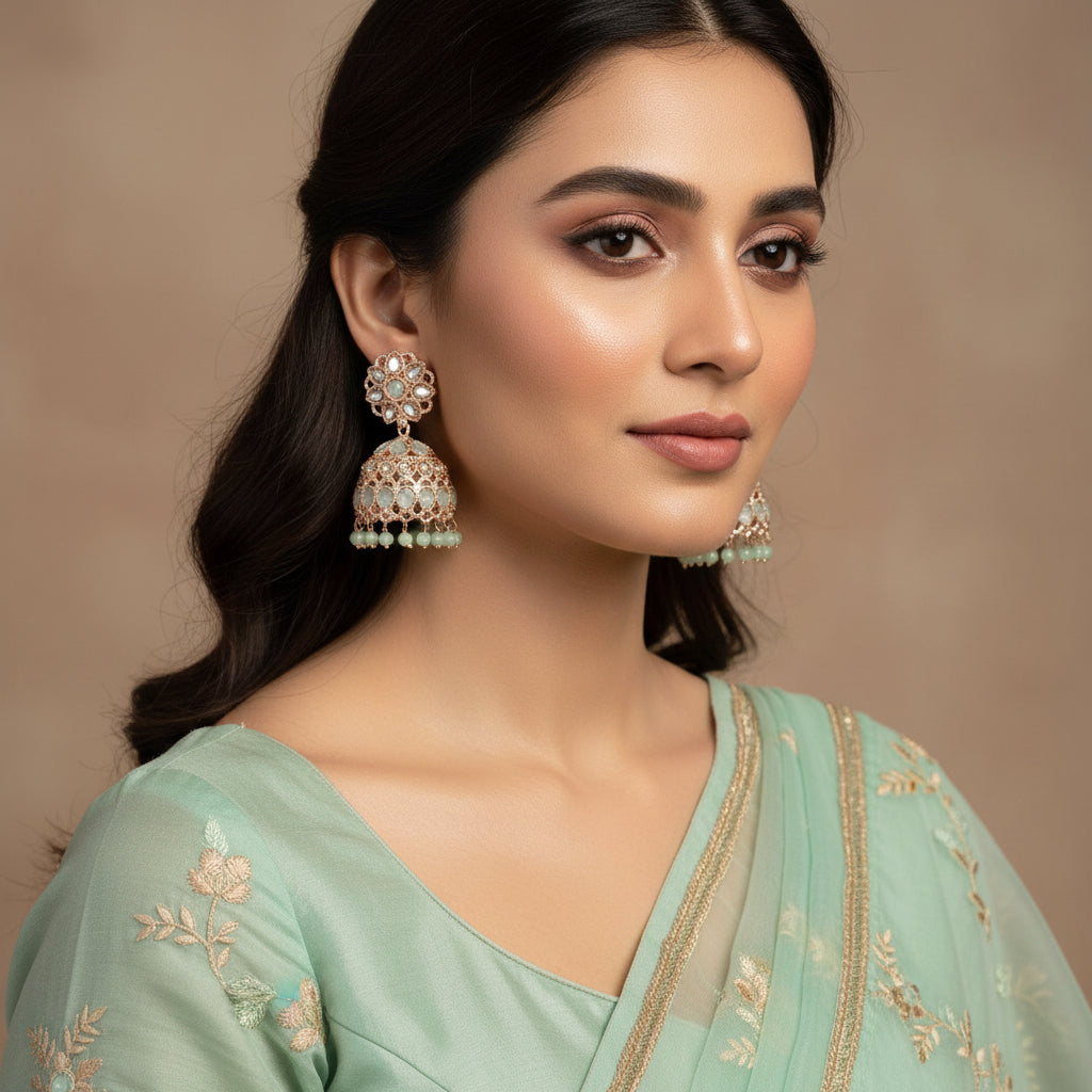 Pair of ornate earrings on a black background