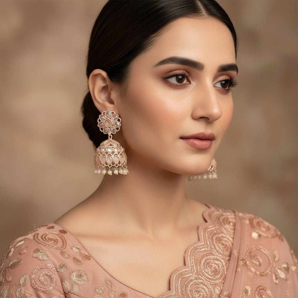 Pair of silver jhumka earrings on a black background